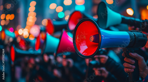 A group of protesters raises megaphones at a night rally, symbolizing activism, unity, and the power of collective voices in a social movement.
