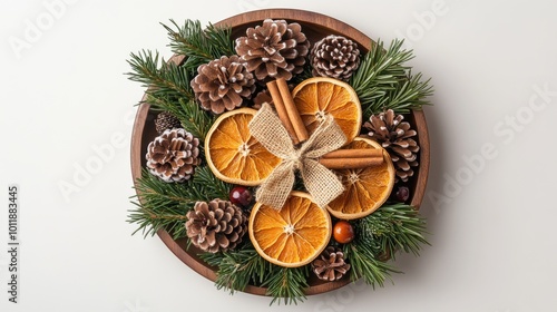 Christmas holiday wreath featuring pinecones, dried orange slices, cinnamon sticks, and evergreen branches on a wooden base, creating a festive home decor piece.