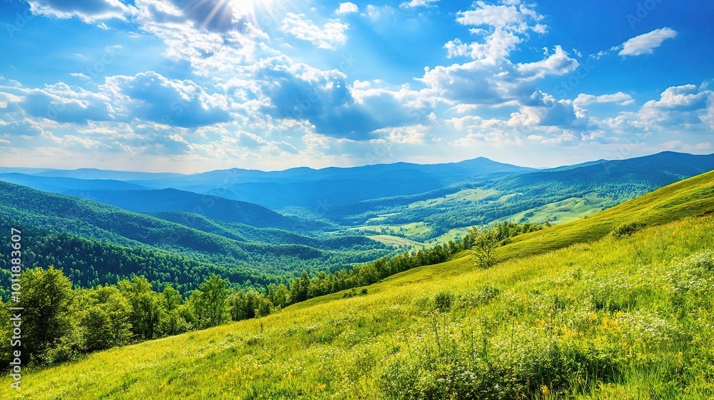 Scenic Landscape with Lush Green Hills and Blue Sky Scenic Landscape with Lush Green Hills and Blue Sky