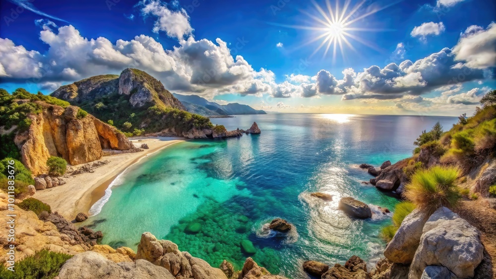 Breathtaking Greek Beaches with Crystal Clear Waters and Stunning Rocky Coastlines in Bright Sunshine Breathtaking Greek Beaches with Crystal Clear Waters and Stunning Rocky Coastlines in Bright Sunshine
