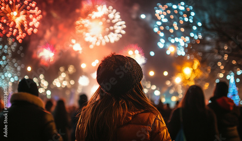 A festive crowd gathers to watch a vibrant fireworks display, illuminating the night sky with colorful explosions and joyful atmosphere. 