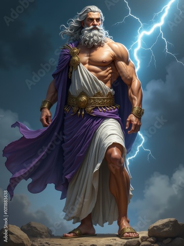 A powerful image of Zeus, the Greek god of thunder, standing strong amidst lightning. He is wearing a flowing robe, with a muscular build and a majestic beard