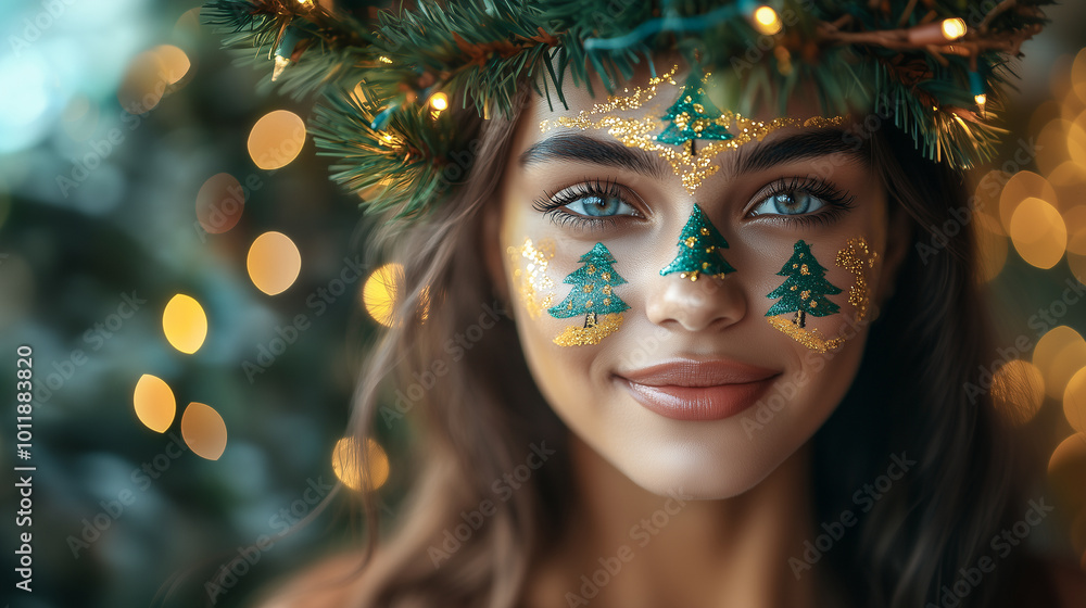 Portrait of a young woman with green eyes with a Christmas tree painted on her face. Close-up. Beautiful smiling girl with face art against the background of fir branches and festive bokeh Portrait of a young woman with green eyes with a Christmas tree painted on her face. Close-up. Beautiful smiling girl with face art against the background of fir branches and festive bokeh