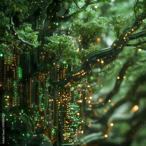  tecnologia verde de árvore, no estilo de synthpunk, intel core, neo-plasticista, unreal engine 5, modernismo orgânico, circuitos, óleo hiper-realista photo