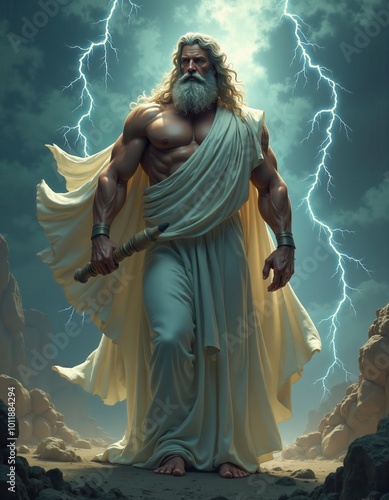 A powerful image of Zeus, the Greek god of thunder, standing strong amidst lightning. He is wearing a flowing robe, with a muscular build and a majestic beard