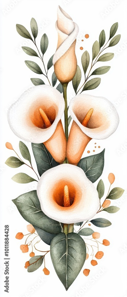Elegant floral arrangement featuring white and peach calla lilies with green foliage, perfect for decoration and design. Elegant floral arrangement featuring white and peach calla lilies with green foliage, perfect for decoration and design.