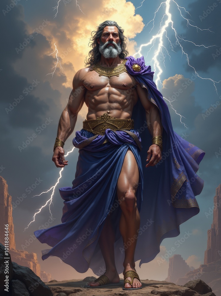 Fototapeta premium A powerful image of Zeus, the Greek god of thunder, standing strong amidst lightning. He is wearing a flowing robe, with a muscular build and a majestic beard