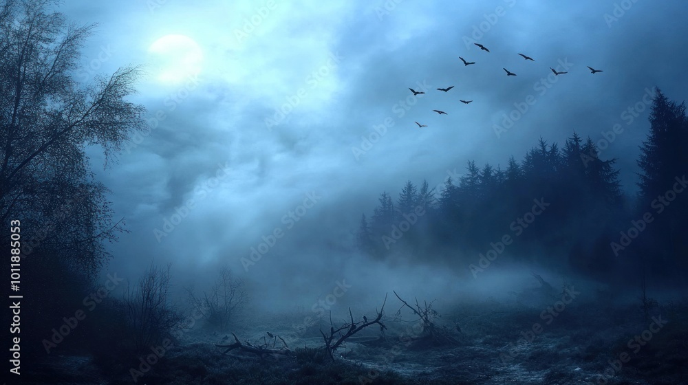 Fototapeta premium A misty, moonlit landscape with silhouetted trees and birds in flight, evoking mystery.