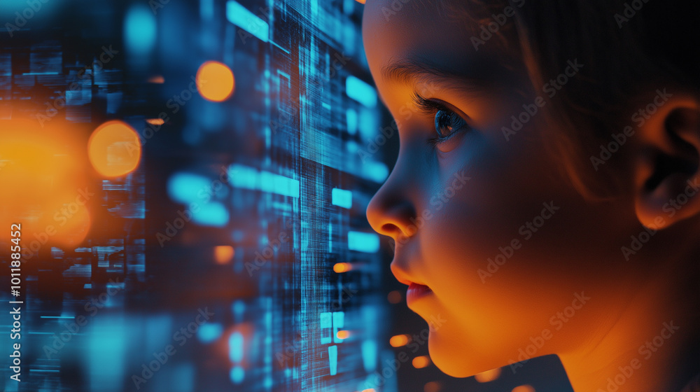 Curious boy looking at glowing digital lights in a futuristic setting. Curious boy looking at glowing digital lights in a futuristic setting.