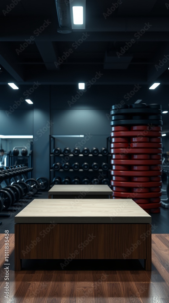 Empty desk space platform and fitness gym background with weight stack for product display montage gym room Ultra realistic Photorealistic Cinematic photography
