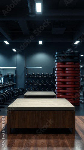 Obraz na płótnie Empty desk space platform and fitness gym background with weight stack for product display montage gym room Ultra realistic Photorealistic Cinematic photography w salonie
