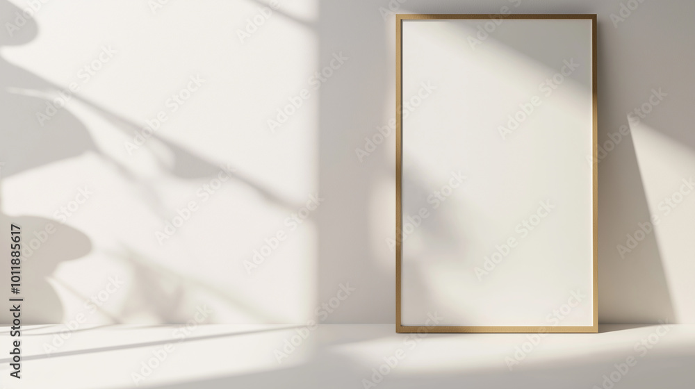 Minimalist empty picture frame leaning against a white wall in soft natural light.