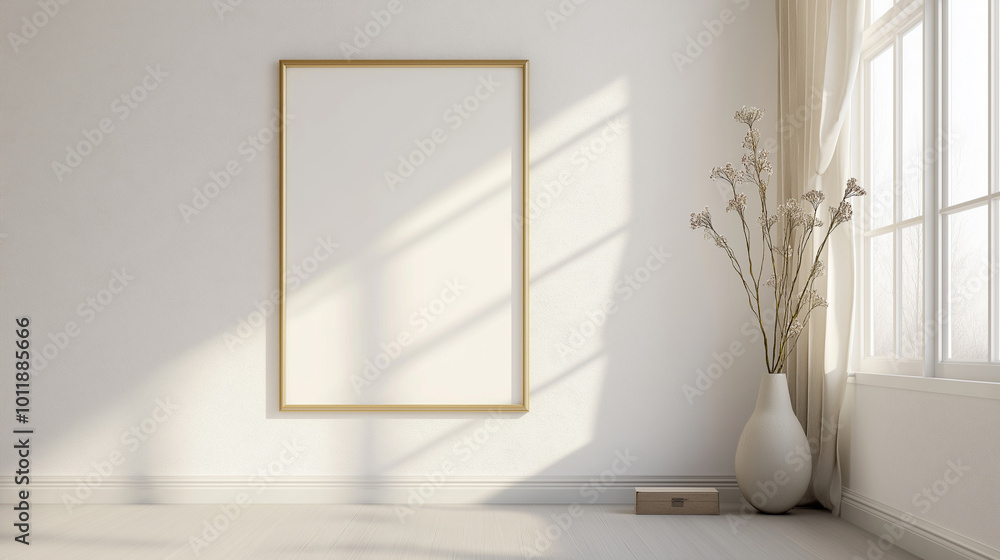 Fototapeta premium Minimalist empty picture frame leaning against a white wall in soft natural light.
