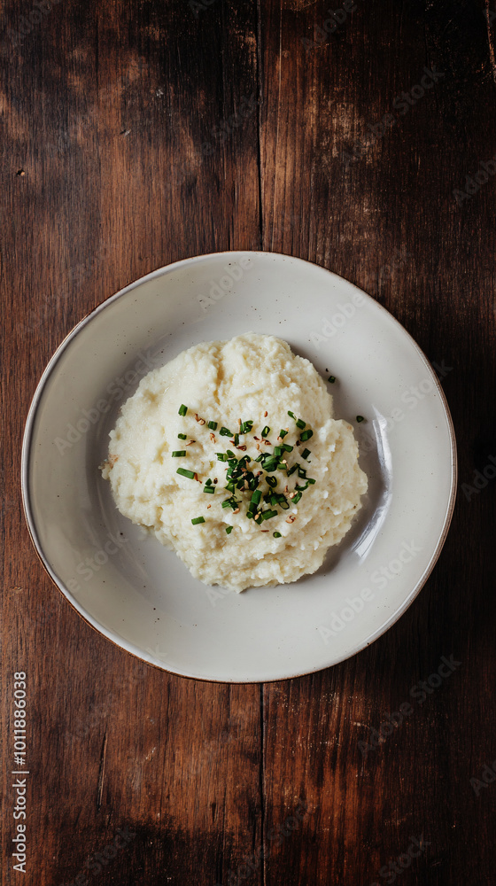 Creamy mashed potatoes topped with fresh chives are served in a rustic wooden bowl, creating an inviting and appetizing display Creamy mashed potatoes topped with fresh chives are served in a rustic wooden bowl, creating an inviting and appetizing display