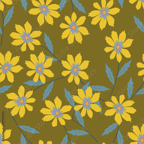 Wallpaper Mural Seamless floral pattern, elegant ditsy print, abstract ornament with green blooming field in retro motif. Pretty botanical design: small hand drawn wild flowers, grass, leaves. Vector illustration. Torontodigital.ca