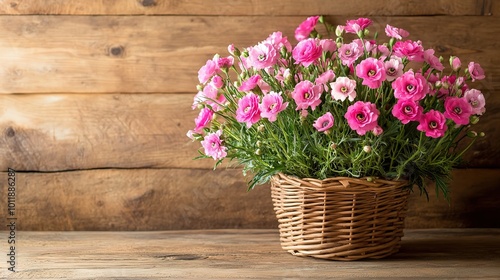 Pink Flowers in Basket with Wooden Background