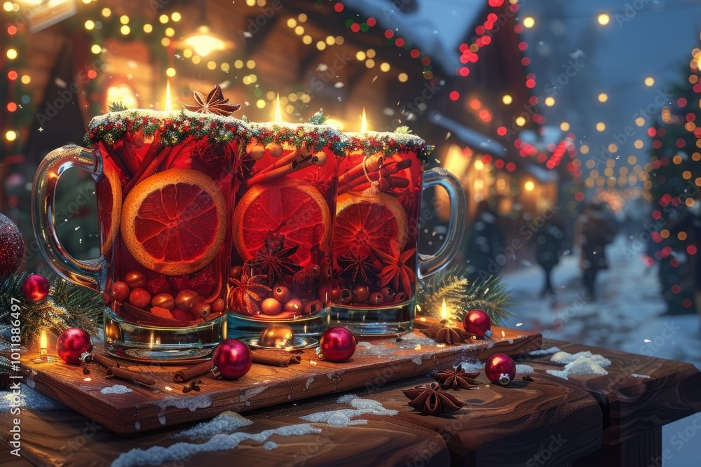 A festive table adorned with multiple glasses of Christmas mulled wine, pine branches, baubles, and snowflakes, creating a cozy holiday atmosphere A festive table adorned with multiple glasses of Christmas mulled wine, pine branches, baubles, and snowflakes, creating a cozy holiday atmosphere