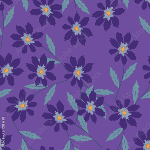 Wallpaper Mural blue seamless vector stock flowers with leaves pattern on cream background Torontodigital.ca