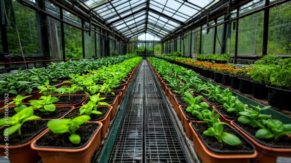 A greenhouse demonstrating the effects of a controlled microclimate, where humidity and temperature are regulated to optimize plant growth A greenhouse demonstrating the effects of a controlled microclimate, where humidity and temperature are regulated to optimize plant growth