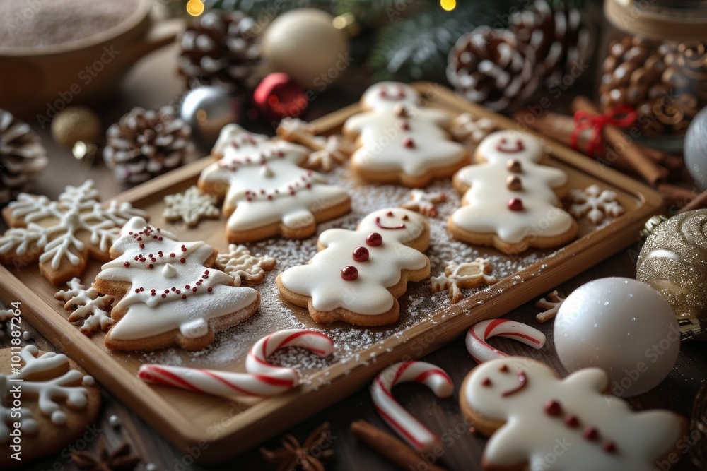A close-up of a variety of beautifully decorated Christmas cookies, including snowflakes, candy canes, and snowmen, featuring detailed frosting and sparkling edible glitter A close-up of a variety of beautifully decorated Christmas cookies, including snowflakes, candy canes, and snowmen, featuring detailed frosting and sparkling edible glitter