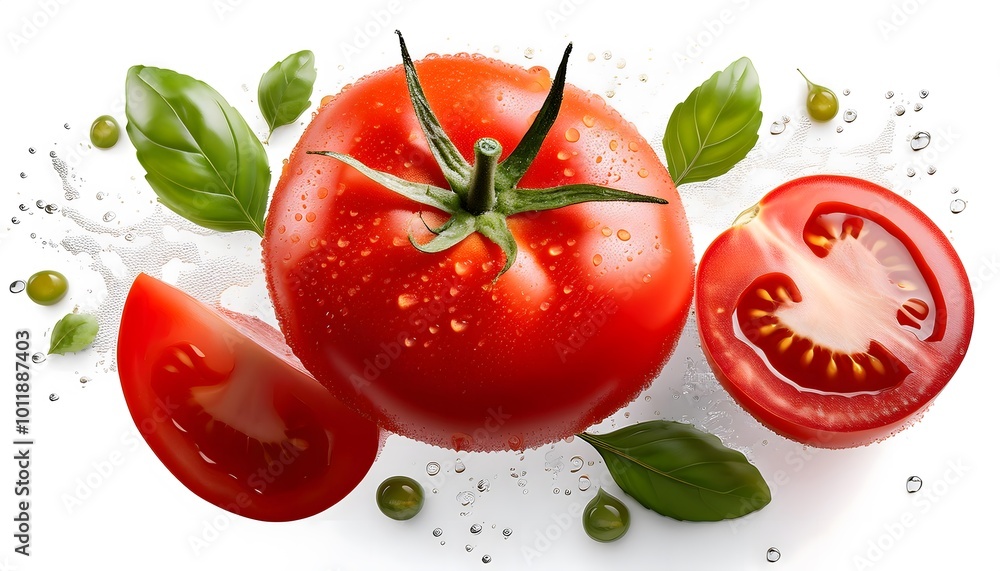 Fresh tomato with slice, side view, water dew, water spray floating isolated on white, with clipping part Fresh tomato with slice, side view, water dew, water spray floating isolated on white, with clipping part