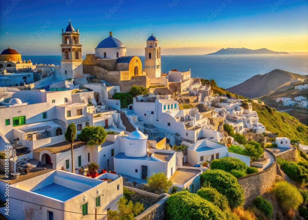Fototapeta premium Breathtaking view of Pyrgos village with traditional architecture and stunning Aegean Sea backdrop