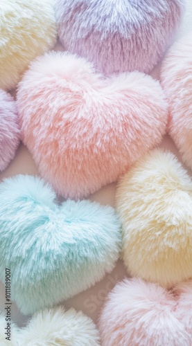 Colorful fluffy heart pillows in pastel shades create a soft, cozy ambiance.