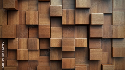 Geometric Wood Tiles. Abstract 3D Mosaic Wall Background with Timber Blocks