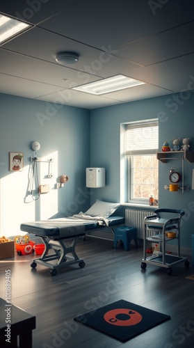 Interior of the physical therapy rehabilitation room for down syndrome children: toys and rehabilitation equipment gym room Ultra realistic Photorealistic Cinematic photography