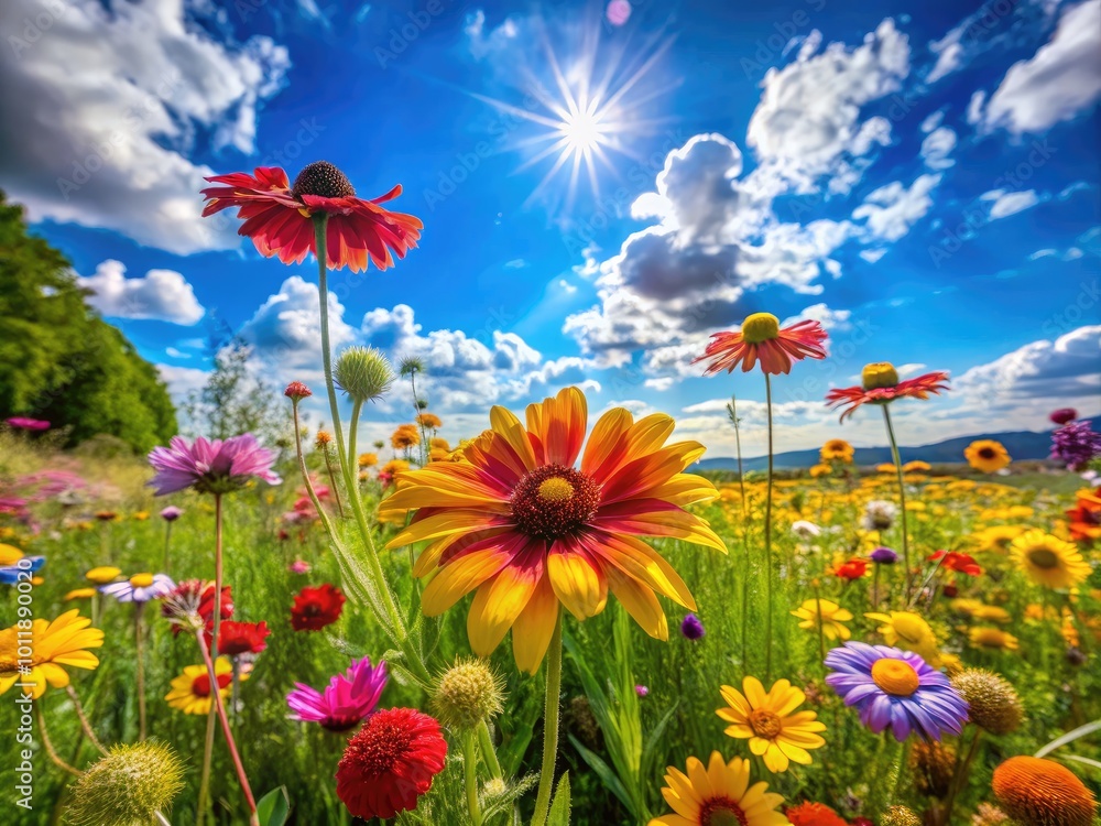 Bright and Cheerful Summer Day with Blue Sky, Green Grass, and Vibrant Flowers in Full Bloom