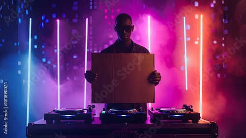 DJ Holding Blank Cardboard Sign in Vibrant Club Lighting Setup