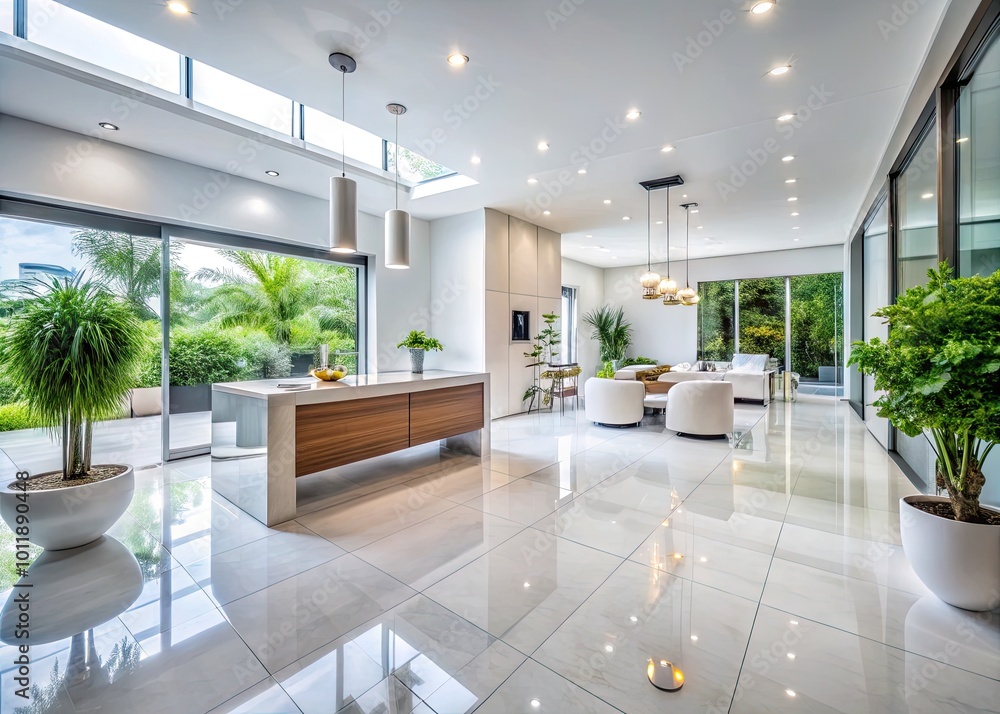 Fototapeta premium Bright and Clean White Tile Floors Creating a Modern and Elegant Interior Design Atmosphere