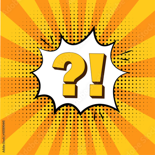 Comic style question and exclamation marks in speech bubble on vibrant orange background with halftone effect. 