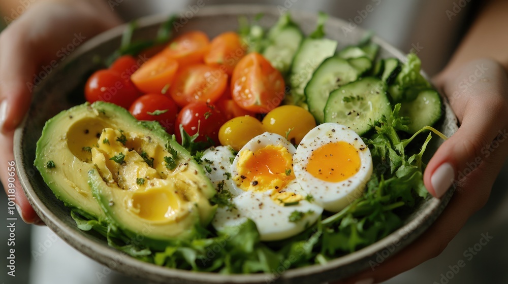 Fresh Garden Salad with Avocado, Eggs, and Fresh Vegetables on Rustic Plate Held by a Woman Fresh Garden Salad with Avocado, Eggs, and Fresh Vegetables on Rustic Plate Held by a Woman