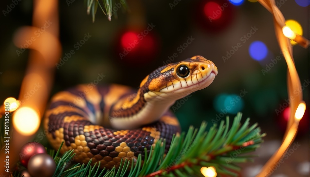 Obraz premium Snake and Christmas tree background.