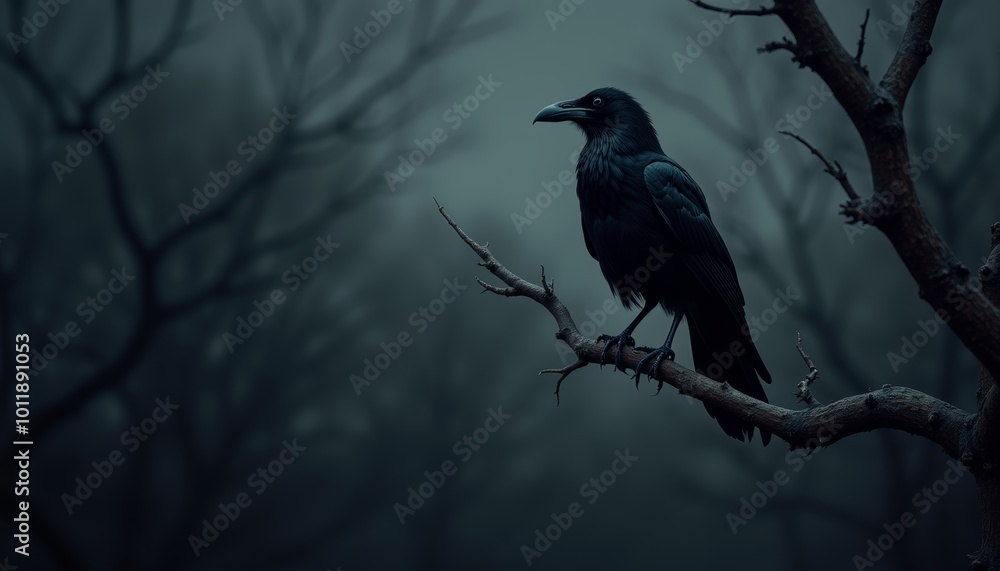 Fototapeta premium Mysterious raven perched on branch in misty dark forest with eerie atmosphere
