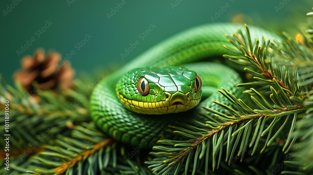 Obraz premium Bright green snake close-up sitting on spruce branches with cones on green background. concept of 2025 symbol of chinese horoscope, new year card with copy space