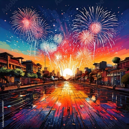 Illustrative scene of Diwali crackers sparkling in a vibrant burst of colors over a peaceful cityscape. photo