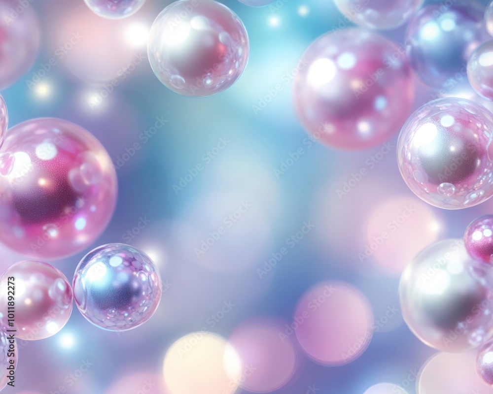 3D Glossy Spheres on Bright Abstract Background with Shimmering Pearls 3D Glossy Spheres on Bright Abstract Background with Shimmering Pearls