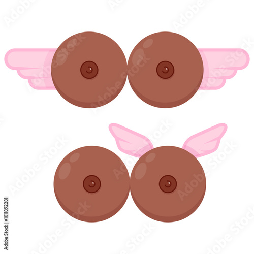 Two dark-skinned female breasts with pink wings in Breast Cancer Awareness Month