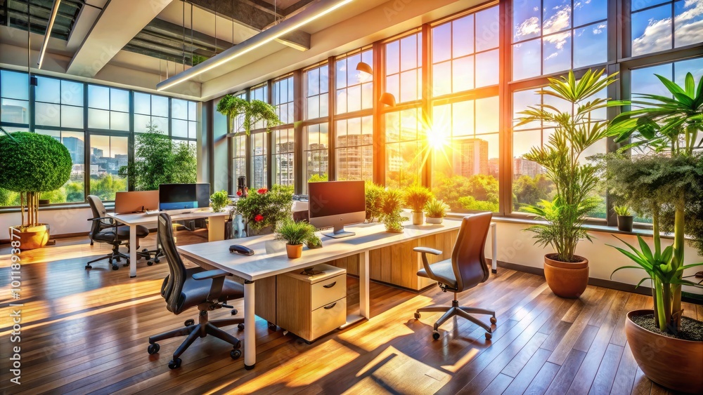 Bright Natural Light Streaming Through Office Windows Creating a Productive Work Environment