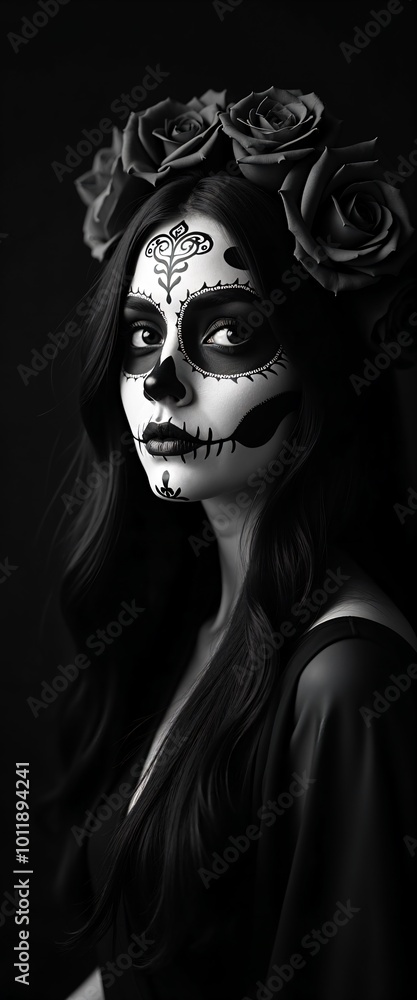 Symbolic Expression Day of the Dead Día de los Muertos Mexican Woman Black and White Black Background Symbolic Expression Day of the Dead Día de los Muertos Mexican Woman Black and White Black Background