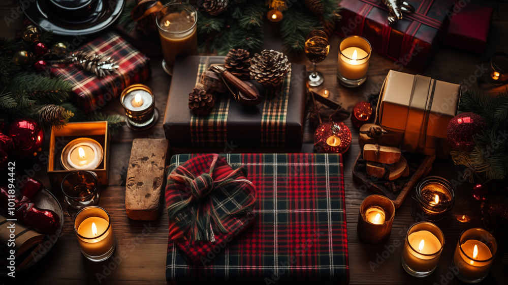 Different Christmas box with ribbon bows on candles, holiday background Different Christmas box with ribbon bows on candles, holiday background