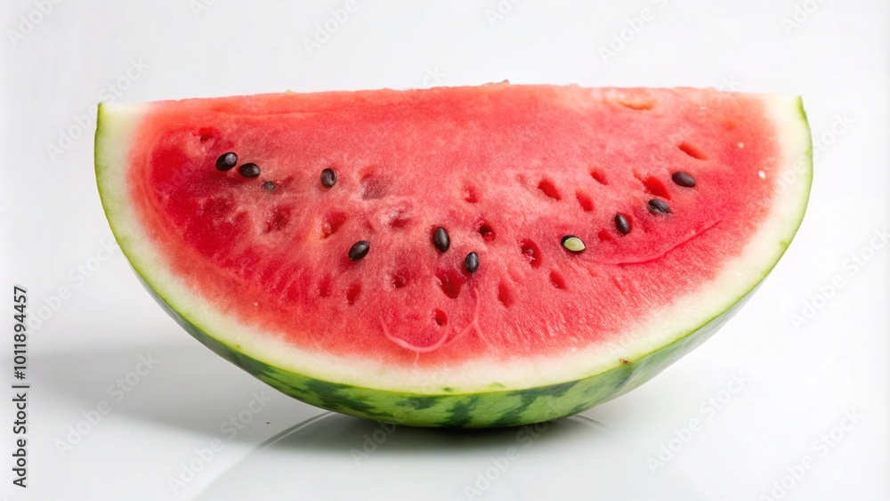 A slice of watermelon on a white background, showing its red flesh, black seeds, and green rind. A slice of watermelon on a white background, showing its red flesh, black seeds, and green rind.
