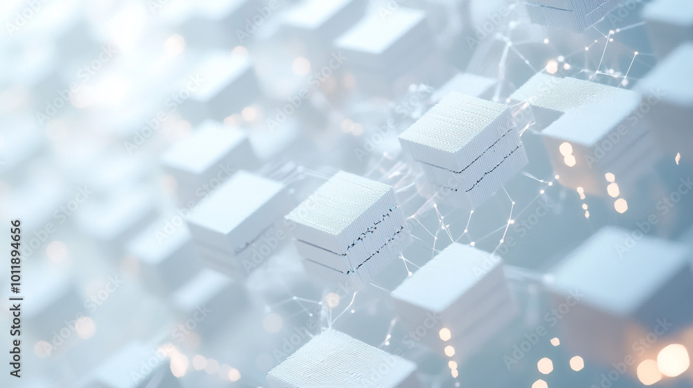 Obraz premium Abstract white Technology Concept with 3D Metallic Cubes and Glowing Lights, graphic backgrounds related to technology, communication, and the internet