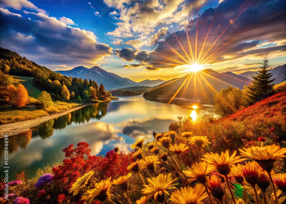 Obraz premium Bright Sunlight Drawing Illuminating Nature with Warm Hues and Artistic Expression in a Beautiful Scene