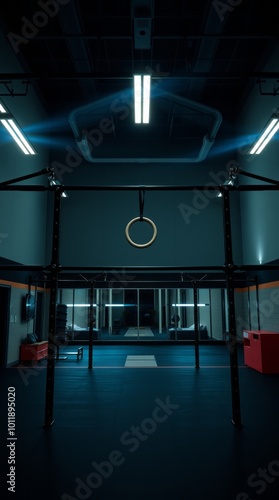 Modern interior of empty gym for crossfit special equipment in spacious well lit room horizontal bars gymnastic rings sport fitness gym room Ultra realistic Photorealistic  Cinematic photography photo