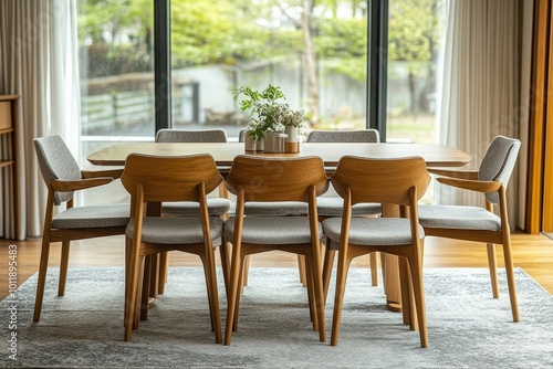 Wooden setted dining table and chairs in scandinavian interior design of modern dining room with window. Generative AI