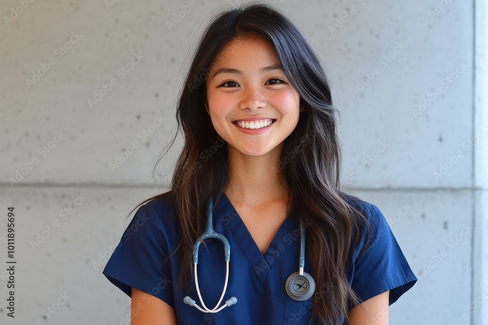Smiling young nurse in navy blue scrubs with a stethoscope Smiling young nurse in navy blue scrubs with a stethoscope