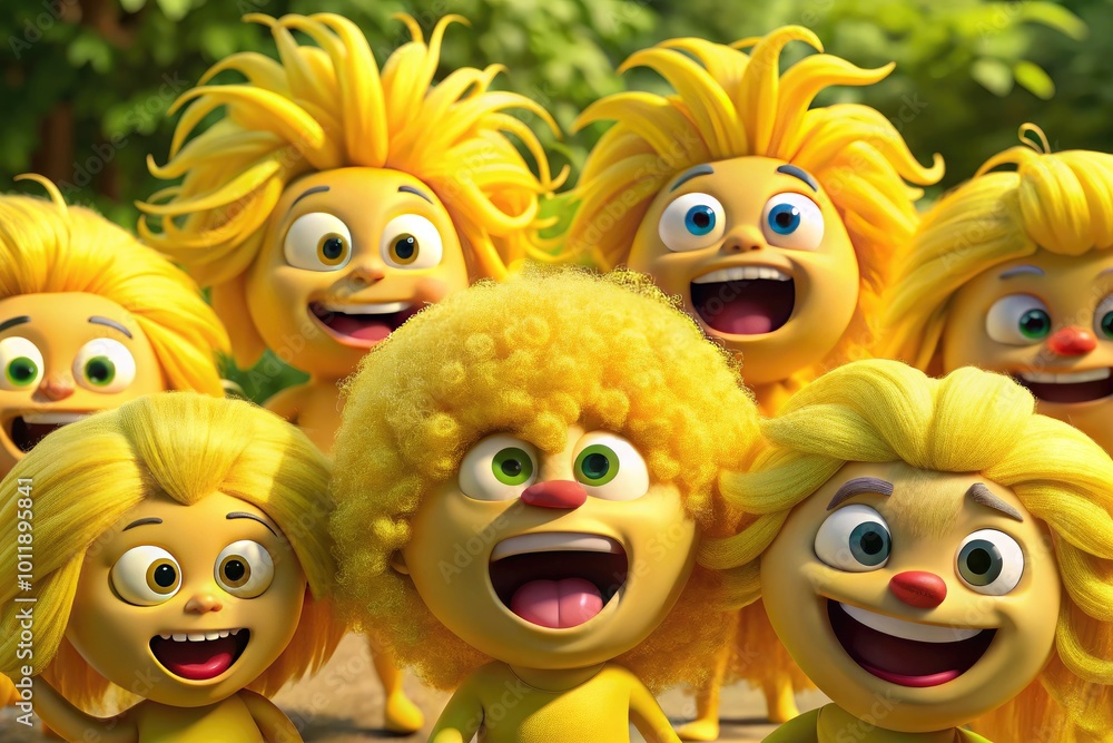 Fototapeta premium Bright Yellow Haired Cartoon Characters Expressing Emotions in Various Fun and Playful Situations